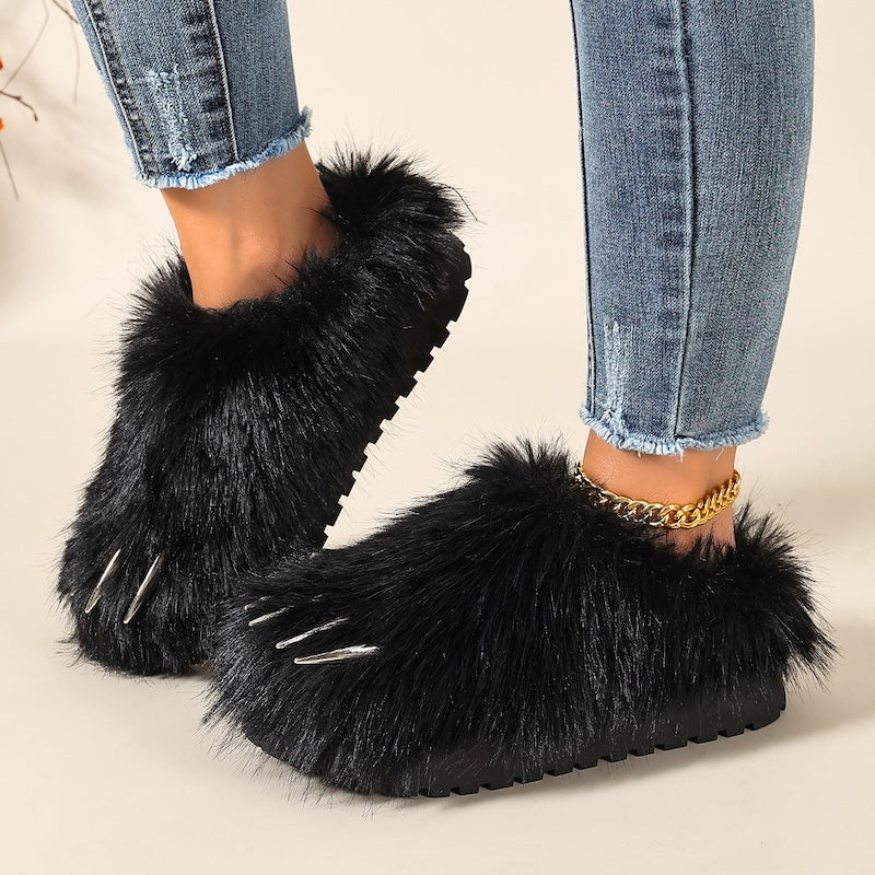 Black winter cute cartoon y2k faux fur metal claw slippers