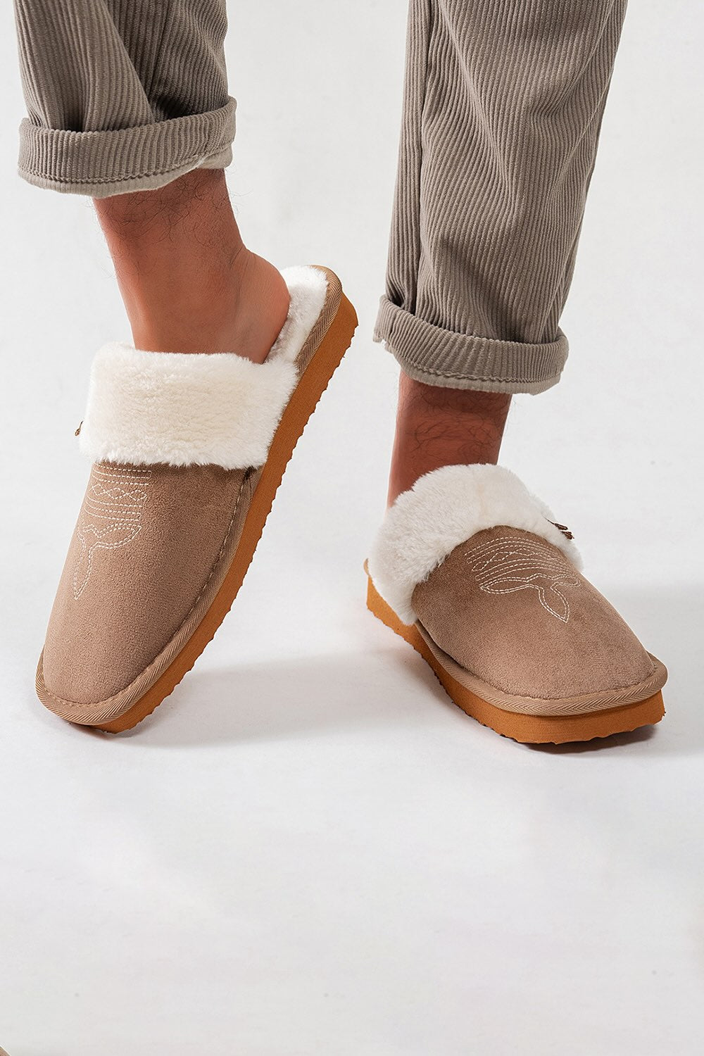 Winter cute light brown western cowboy slippers aesthetic warm plush house shoes