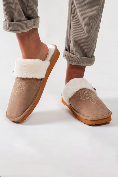 Winter cute light brown western cowboy slippers aesthetic warm plush house shoes