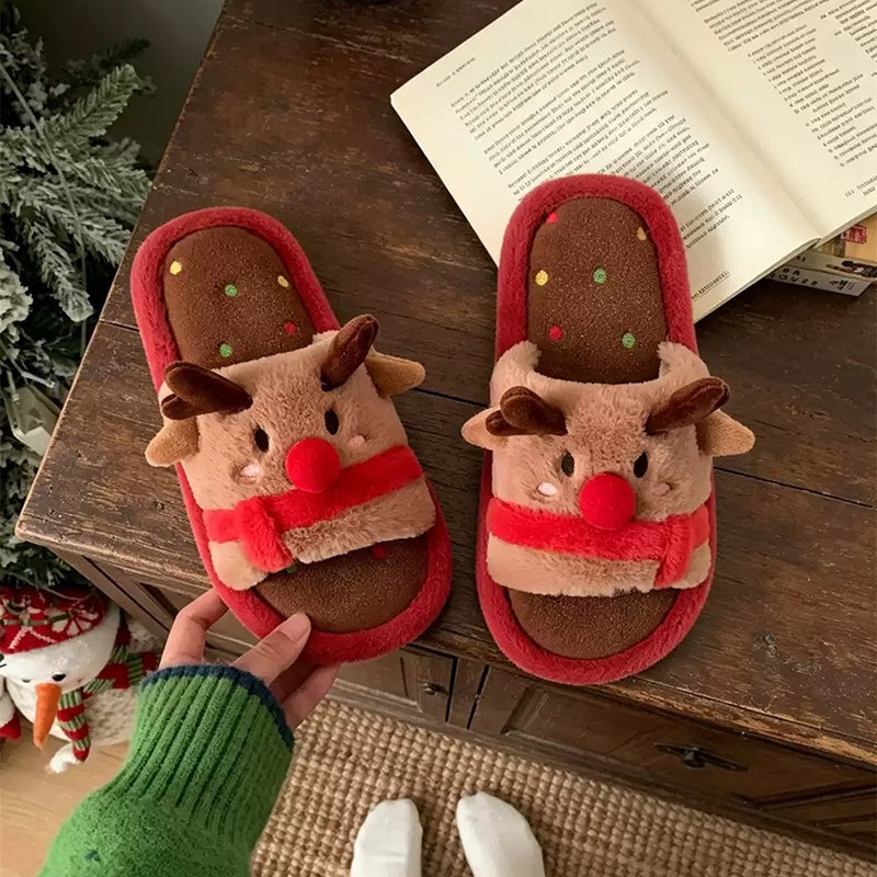Red cute cartoon open toe christmas reindeer plush slippers eva sole indoor shoes