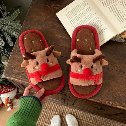 Red cute cartoon open toe christmas reindeer plush slippers eva sole indoor shoes