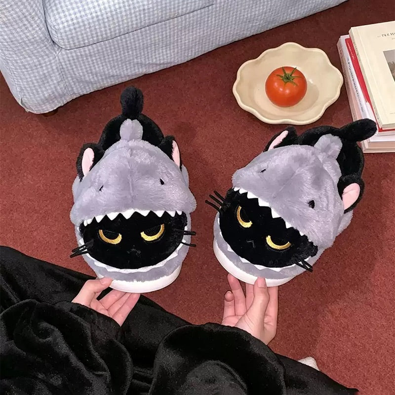 Black winter cute shark cat slippers aesthetic warm plush house shoes