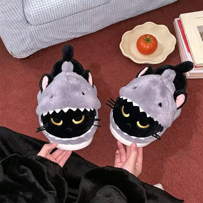 Black winter cute shark cat slippers aesthetic warm plush house shoes