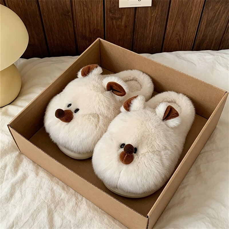 Beige winter cute long nose bear slippers aesthetic warm plush house shoes
