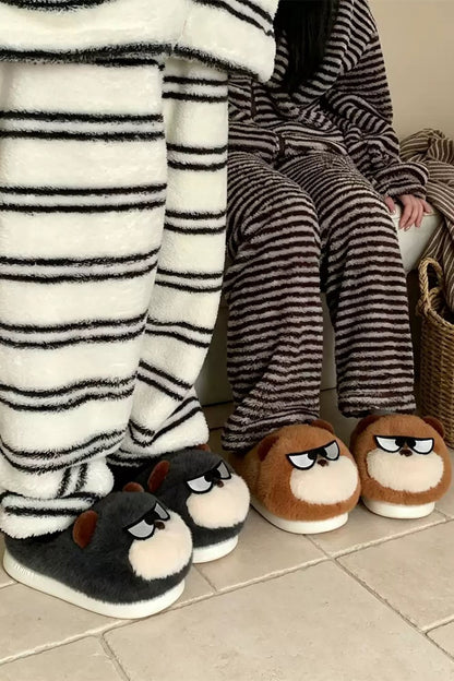Winter cute black big eye dog slippers aesthetic warm plush house shoes