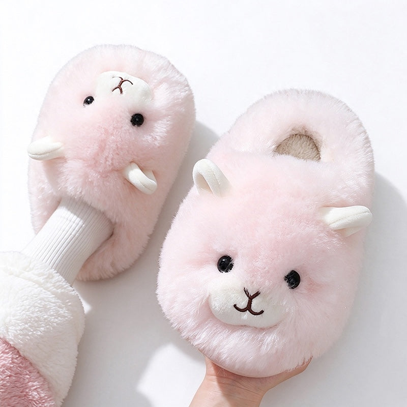 Pink winter cute fluffy sheep slippers aesthetic warm plush house shoes