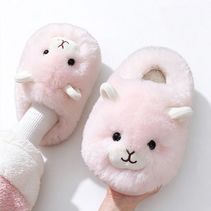 Pink winter cute fluffy sheep slippers aesthetic warm plush house shoes