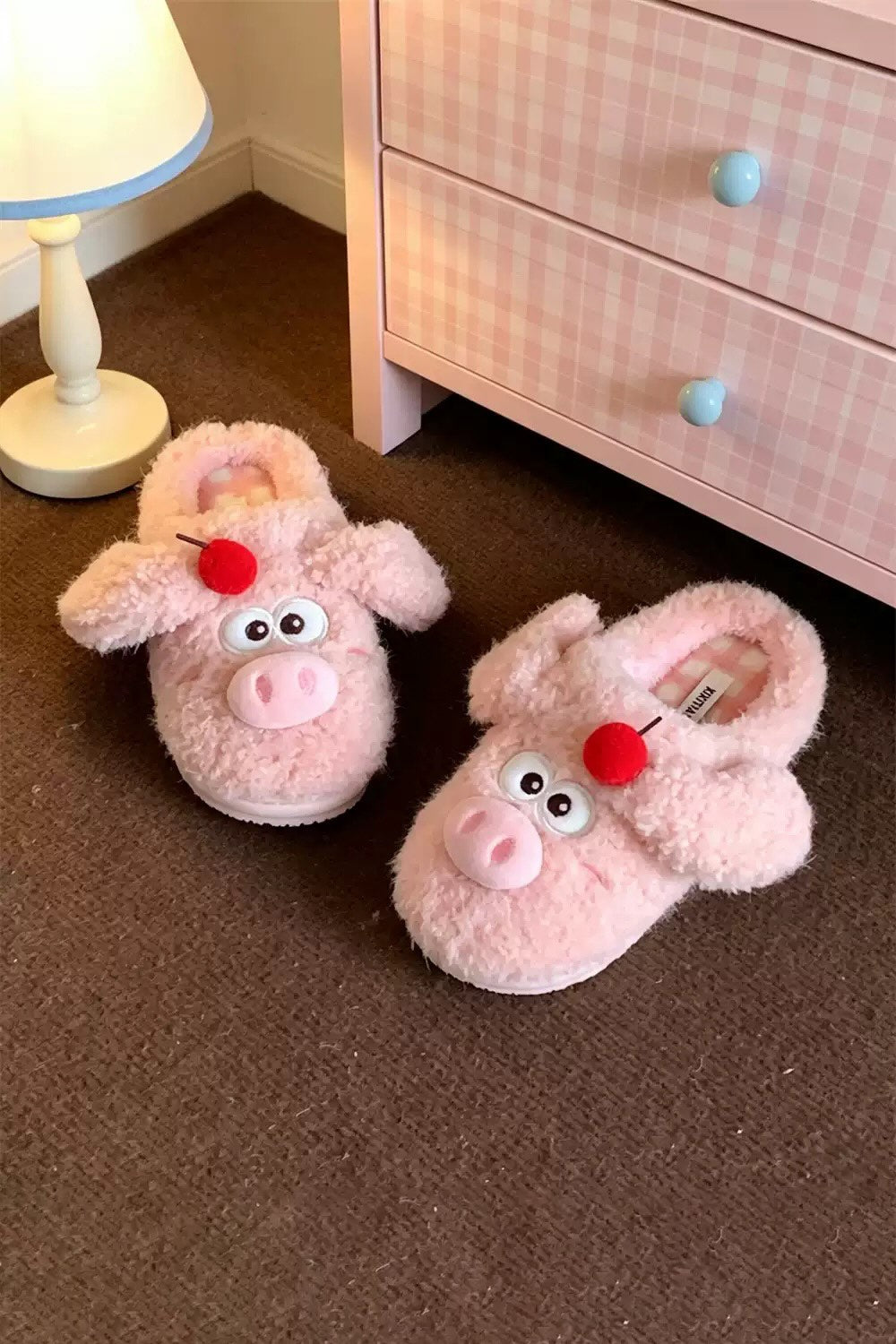 Winter cute pink cherry pig slippers aesthetic warm plush house shoes
