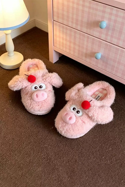 Winter cute pink cherry pig slippers aesthetic warm plush house shoes