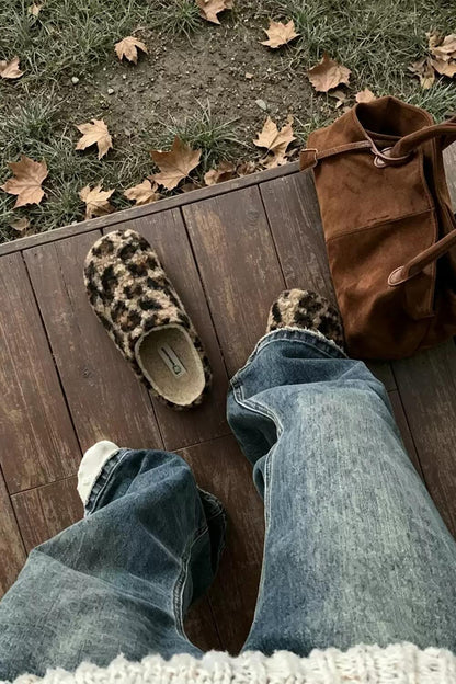 Cute brown leopard slippers aesthetic low arch plush house shoes