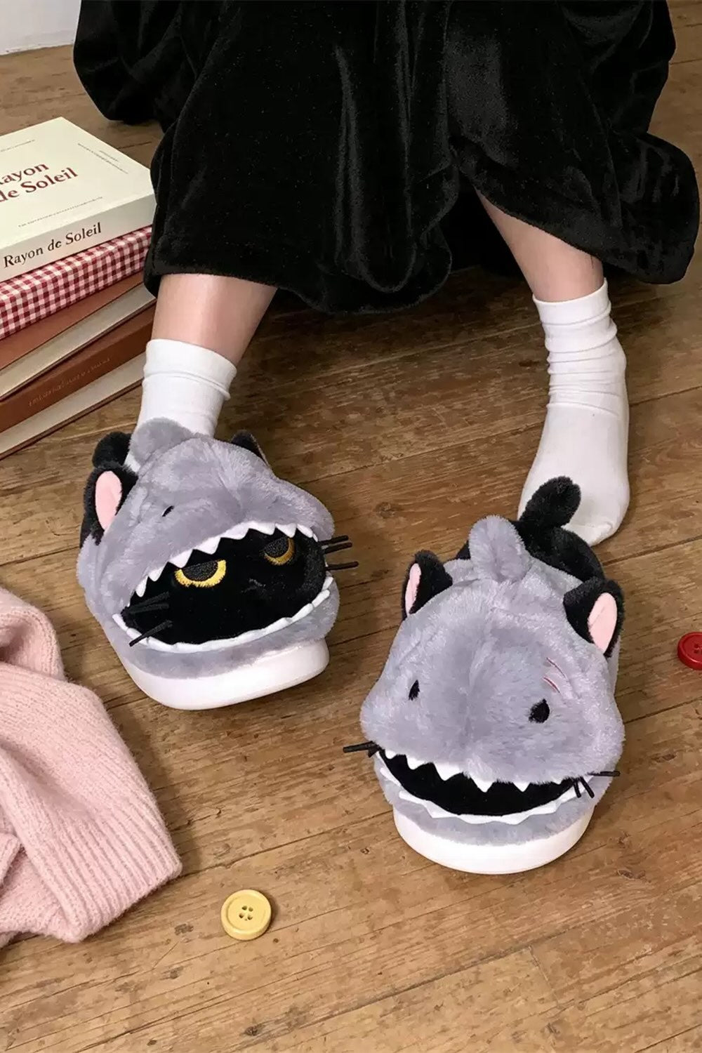 Winter cute black shark cat slippers aesthetic warm plush house shoes