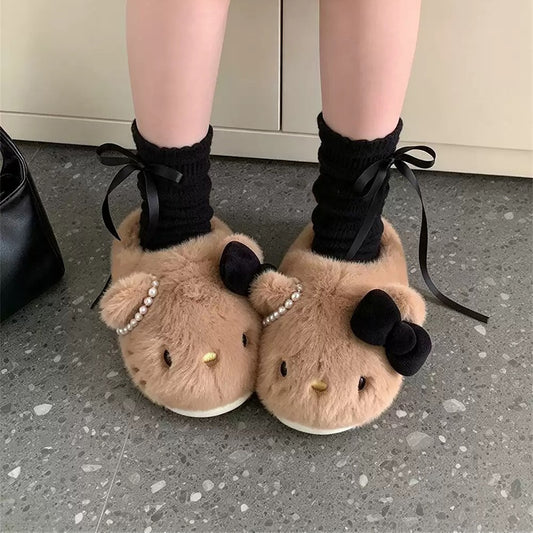 winter brown pearl bow cute hello kt cat slippers aesthetic warm plush house shoes