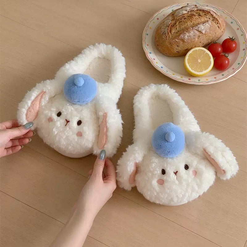 White winter cute pom pom hat bunny slippers aesthetic warm plush house shoes