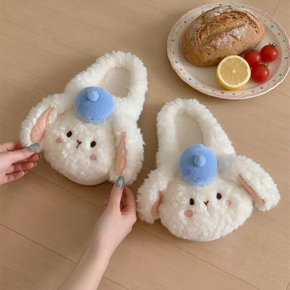 White winter cute pom pom hat bunny slippers aesthetic warm plush house shoes