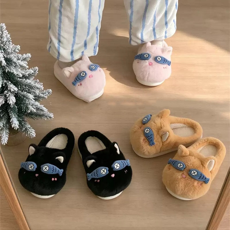 Winter Fish Eye Mask Cute Cat Slippers Aesthetic Warm Plush House Shoes