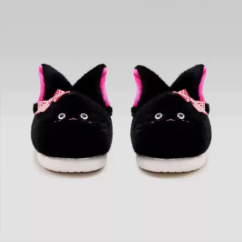 Black winter plush bow cat slippers eva sole indoor house shoes