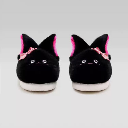 Black winter plush bow cat slippers eva sole indoor house shoes