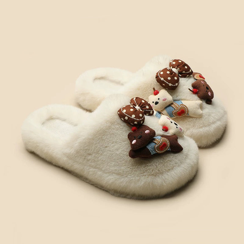 Beige fuzzy bear slippers with a cute 3D bear appliqué and a brown polka-dot bow, comfortable rubber sole home shoes