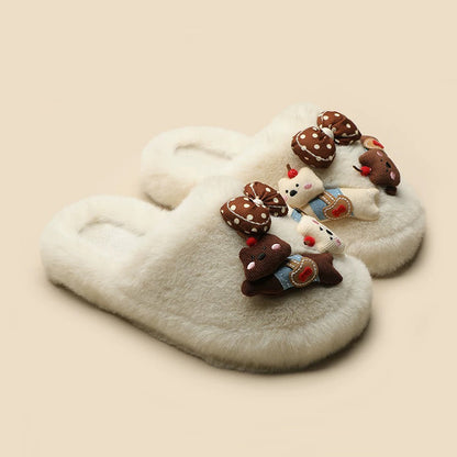 Beige fuzzy bear slippers with a cute 3D bear appliqué and a brown polka-dot bow, comfortable rubber sole home shoes