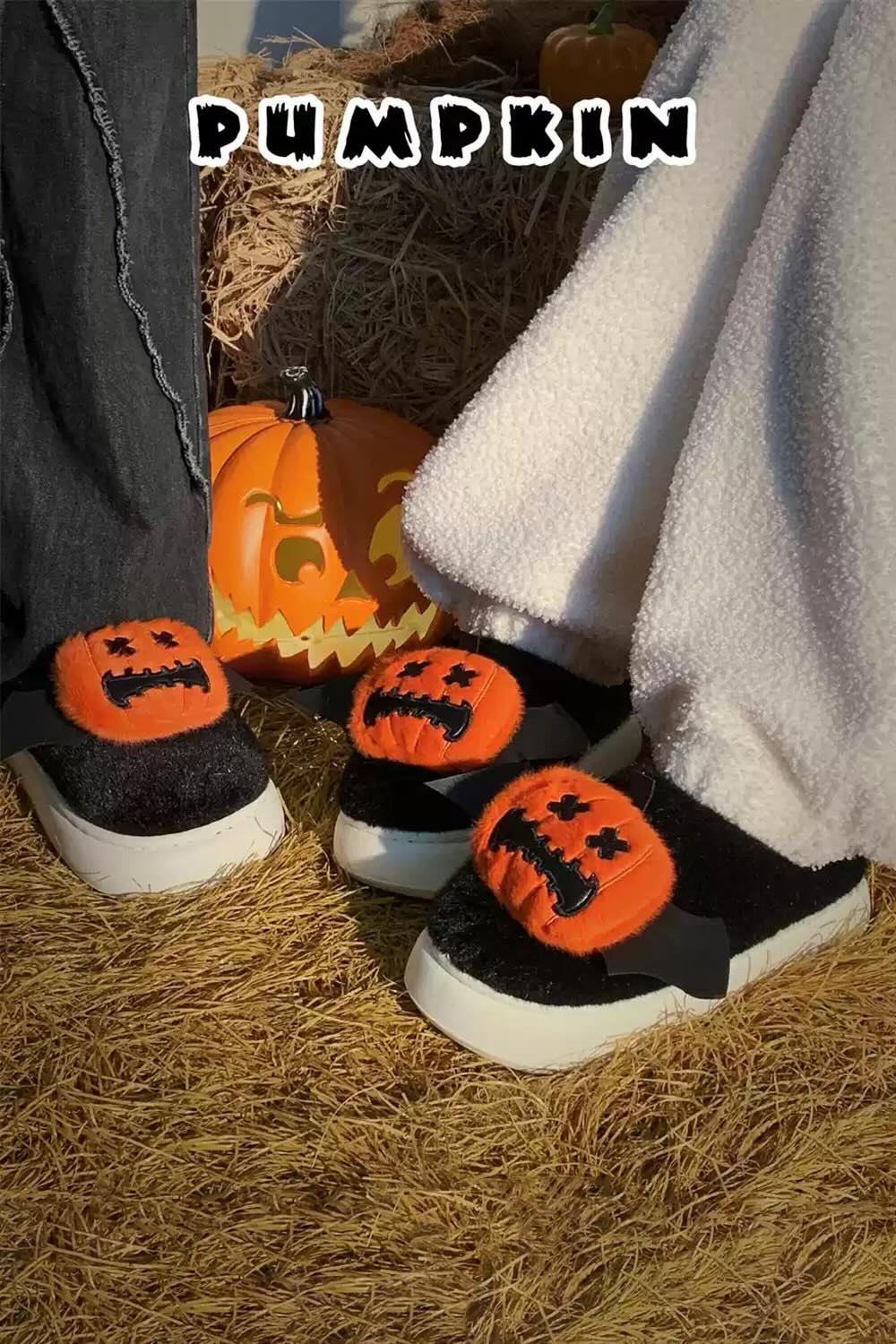 Winter cute black halloween pumpkin slippers aesthetic plush house shoes