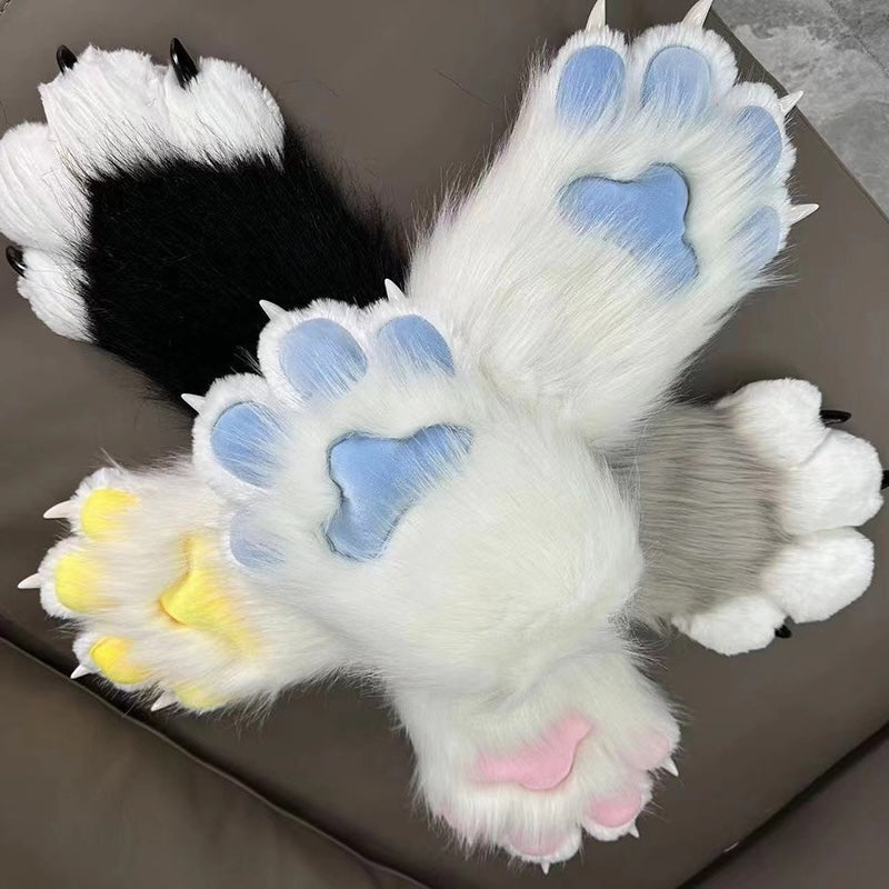 Long white furry cosplay gloves featuring three light blue oval paw pads and curved 3D ivory claw tips, soft fabric lined plush mitts