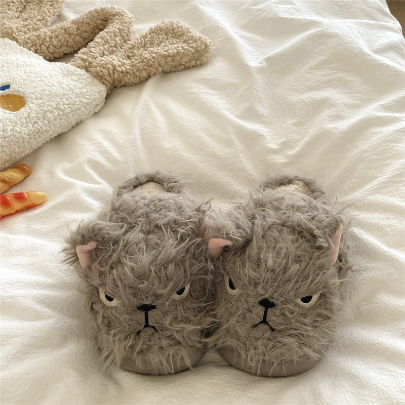Gray winter plush expression cat slippers eva sole indoor house shoes