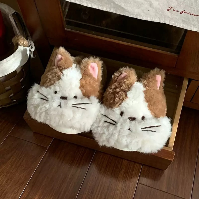 Brown winter two tone fluffy cat slippers aesthetic warm plush house shoes