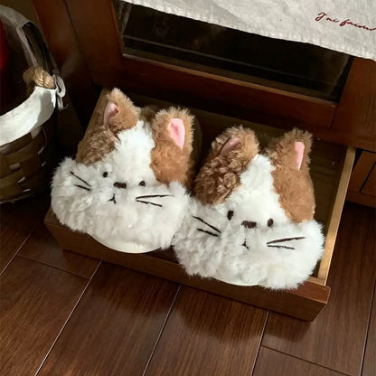 Brown winter two tone fluffy cat slippers aesthetic warm plush house shoes