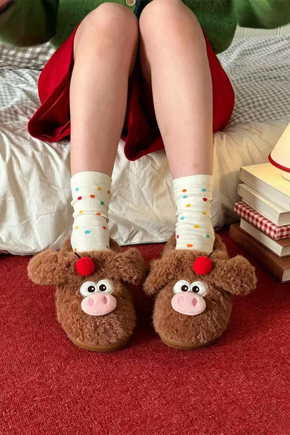 Winter cute brown cherry pig slippers aesthetic warm plush house shoes