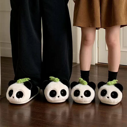 Black and white winter bamboo shoot cute panda slippers aesthetic warm plush house shoes