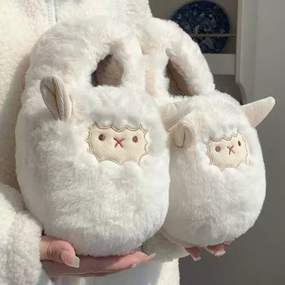 White winter cute closed back sheep slippers aesthetic warm plush house shoes