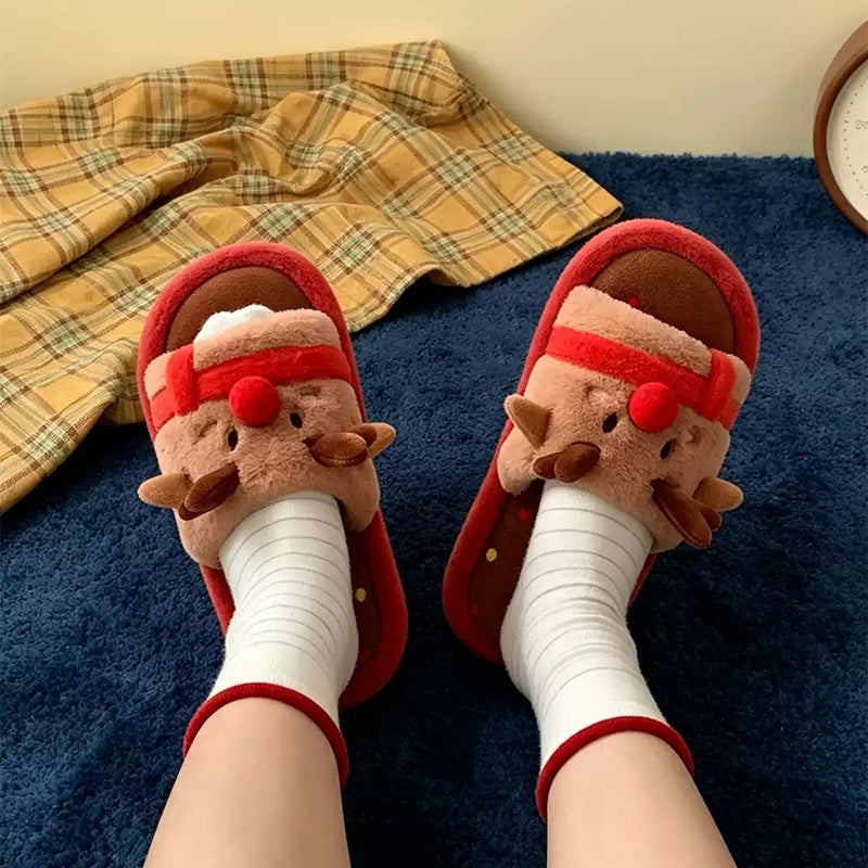 Red cute cartoon open toe christmas reindeer plush slippers eva sole indoor shoes
