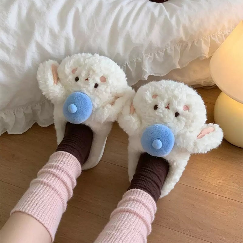 White winter cute pom pom hat bunny slippers aesthetic warm plush house shoes