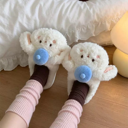 White winter cute pom pom hat bunny slippers aesthetic warm plush house shoes