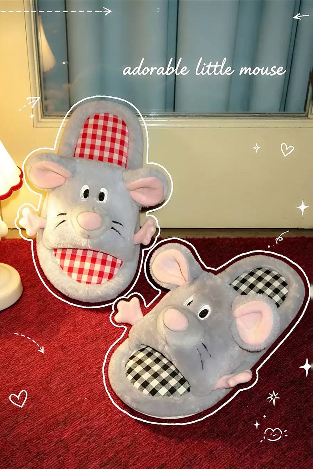 Cute Blue Mouse Slippers Aesthetic Warm Plush House Shoes