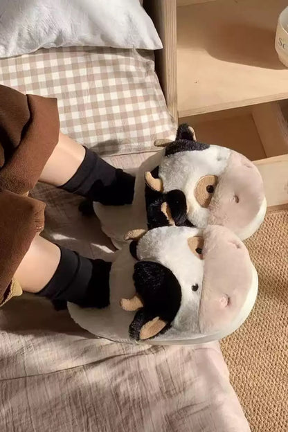 Winter cute white cow slippers aesthetic warm plush house shoes