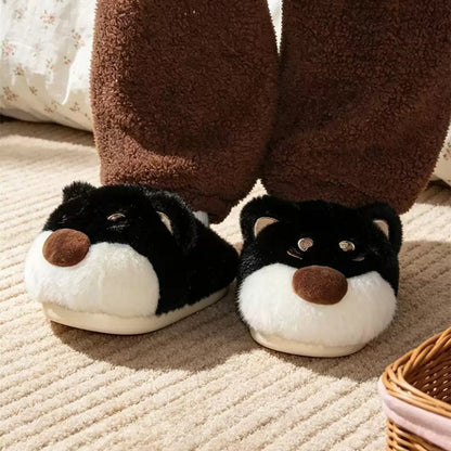 Black winter cute big nose shiba dog slippers aesthetic warm plush house shoes