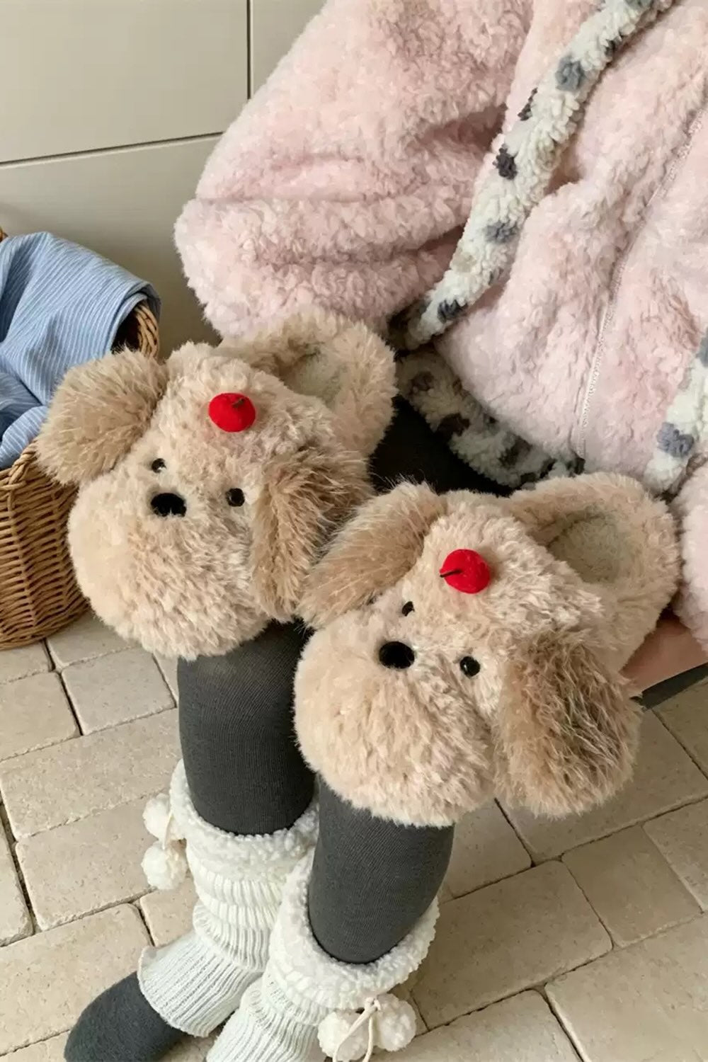 Winter cute khaki teddy dog slippers aesthetic warm plush house shoes