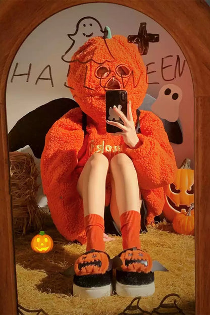 Winter Cute Black Halloween Pumpkin Slippers Aesthetic Plush House Shoes