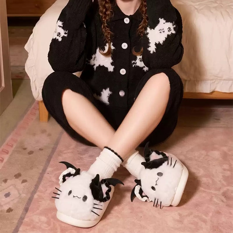 White winter cute bat cat slippers aesthetic warm plush house shoes