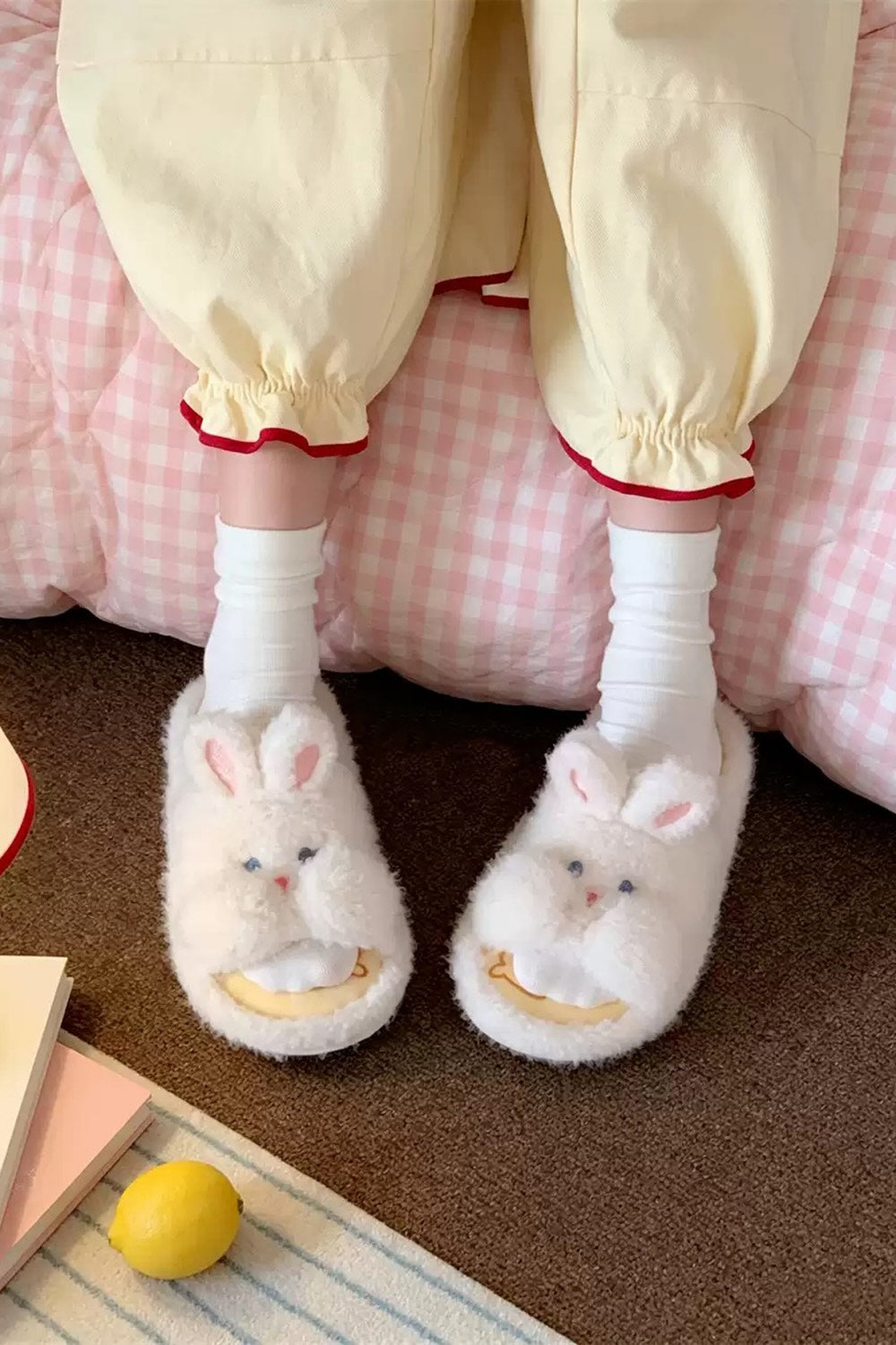 Winter cute white rabbit slippers aesthetic warm plush house shoes
