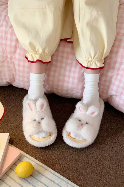 Winter cute white rabbit slippers aesthetic warm plush house shoes