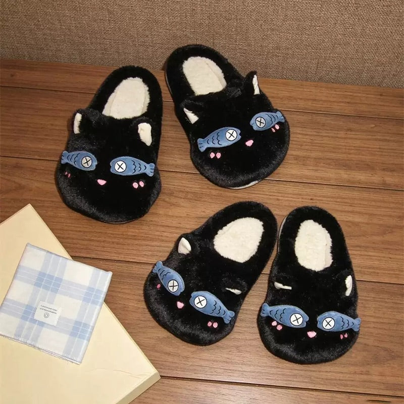 Black winter fish eye mask cute cat slippers aesthetic warm plush house shoes