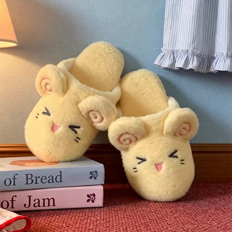 Yellow plush sheep slippers featuring pink spiral ears and a closed-eye smile, quiet fabric sole indoor shoes