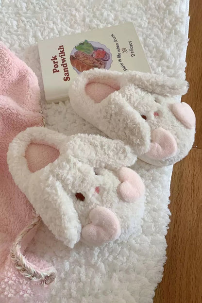 Winter cute white heart bunny slippers aesthetic warm plush house shoes