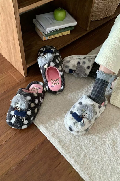 Winter Cute White Patch Curly Sheep Slippers Aesthetic Warm Plush House Shoes