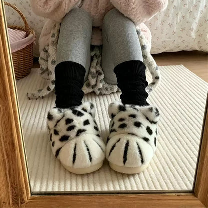 Black winter cute leopard cat paw slippers aesthetic warm plush house shoes