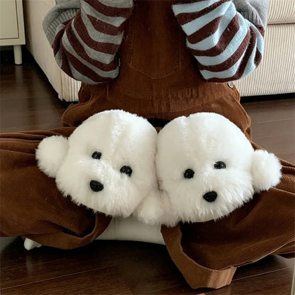 Winter cute white teddy dog slippers aesthetic warm plush house shoes