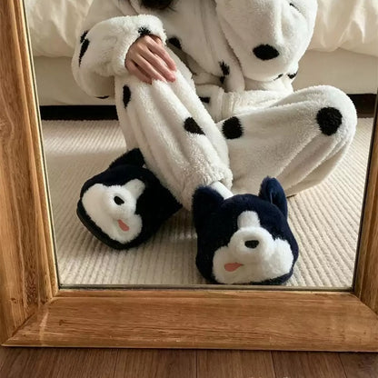 Blue winter cute husky dog slippers aesthetic warm plush house shoes