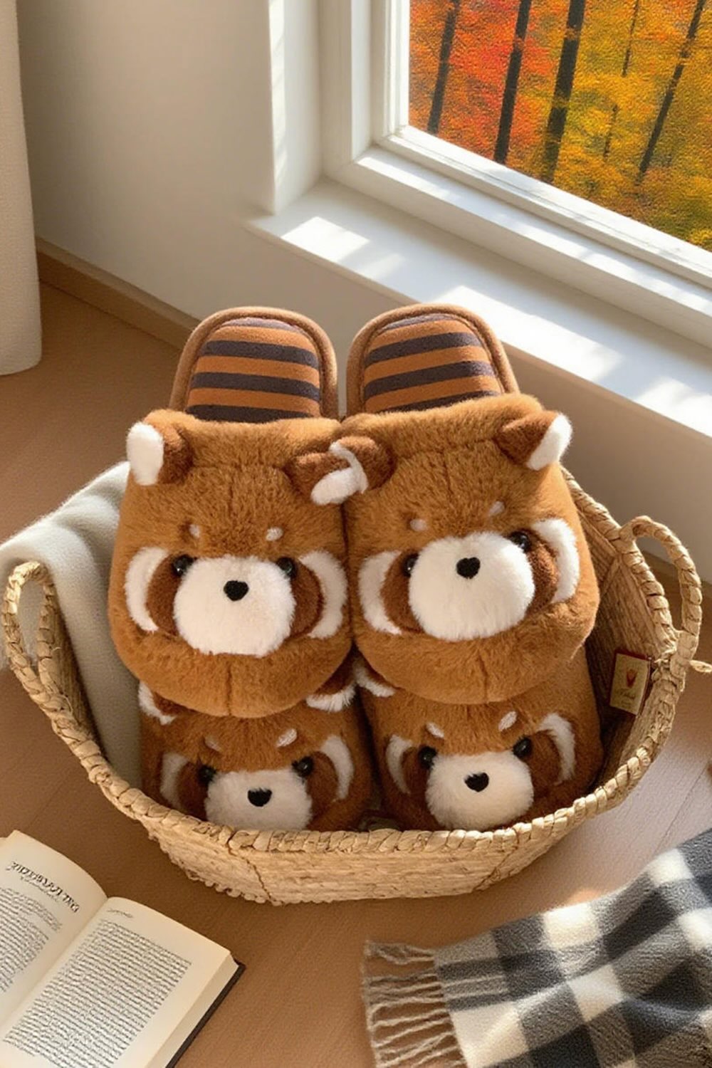 Winter cute brown raccoon slippers aesthetic warm plush house shoes